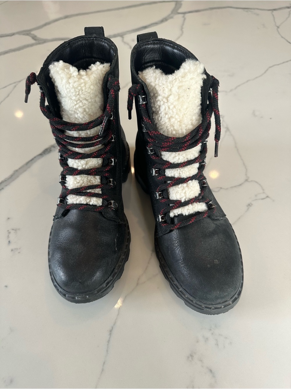 Sorel Black Boots with White Shearling and Red-Accent Laces
